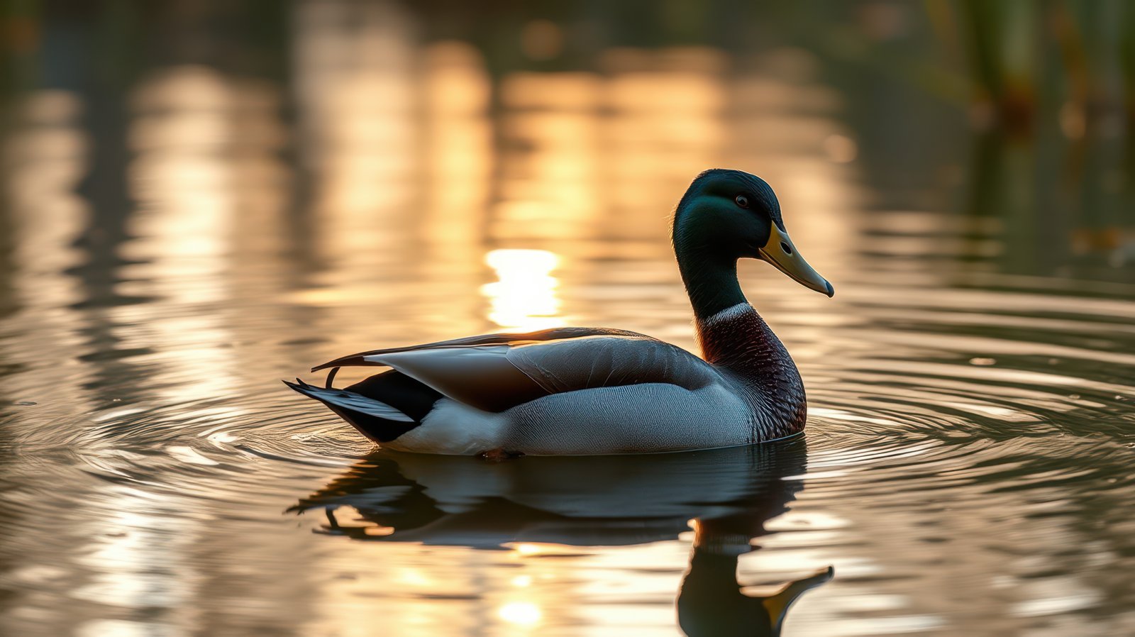Mallard duck swimming peacefully in a serene pond at sunset surrounded by soft golden reflections